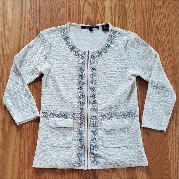 Vintage Mesmerize Silk Zip Up Cardigan Sweater Sequins Rhinestone Beaded Cream S - Picture 1 of 9